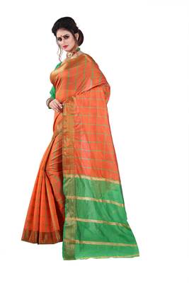 Orange plain cotton silk saree with blouse 2