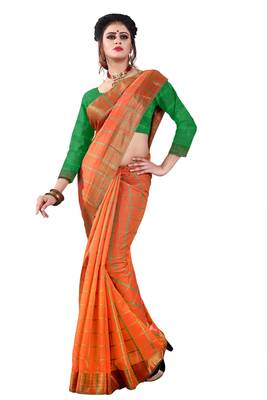Orange plain cotton silk saree with blouse 3