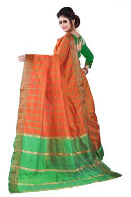 Orange plain cotton silk saree with blouse 4