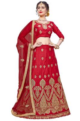 Red Embroidered Silk Semi Stitched Lehenga 1