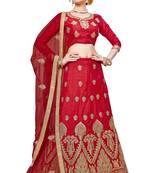 Red Embroidered Silk Semi Stitched Lehenga