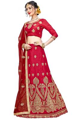 Red Embroidered Silk Semi Stitched Lehenga 2