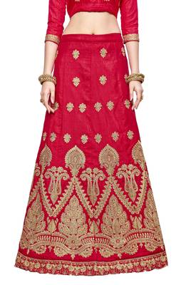 Red Embroidered Silk Semi Stitched Lehenga 4