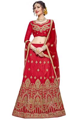Red Embroidered Silk Semi Stitched Lehenga 1