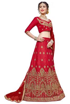 Red Embroidered Silk Semi Stitched Lehenga 2