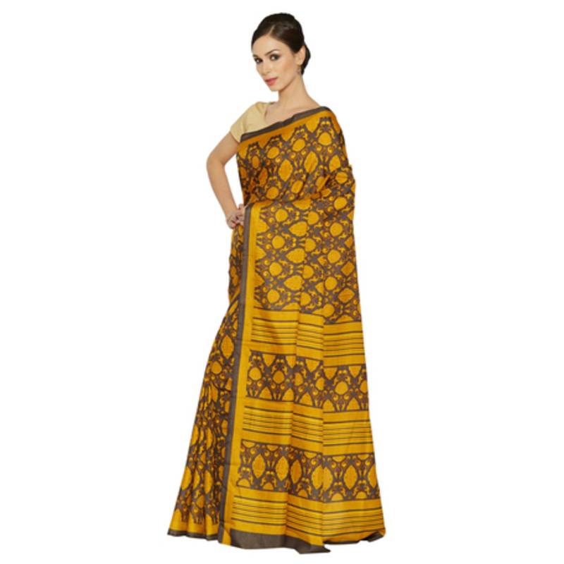 Jashn yellow botanic print art silk saree