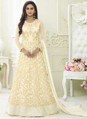 White Net Embroidered Semi Stitched Anarkali Suit 1