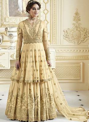 Cream Georgette Embroidered Semi Stitched Pakistani Anarkali Lehenga 1