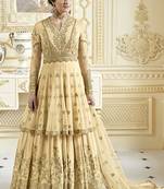 Cream Georgette Embroidered Semi Stitched Pakistani Anarkali Lehenga