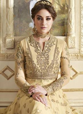 Cream Georgette Embroidered Semi Stitched Pakistani Anarkali Lehenga 4