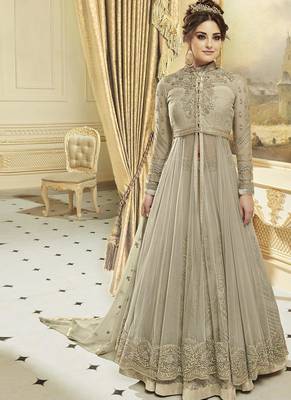 Grey Georgette Embroidered Semi Stitched Pakistani Long Salwar Suit 1
