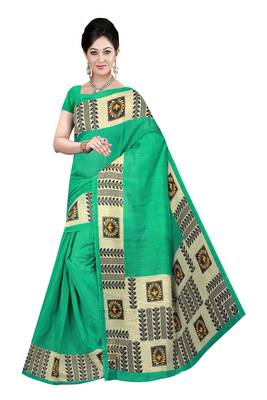 Green Printed Cotton Saree With Blouse 1