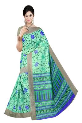 Sea Green Printed Cotton Saree With Blouse 1