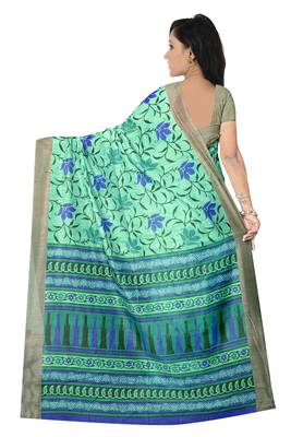 Sea Green Printed Cotton Saree With Blouse 2