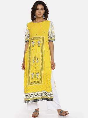 Yellow printed rayon cotton-kurtis 1