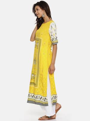 Yellow printed rayon cotton-kurtis 3