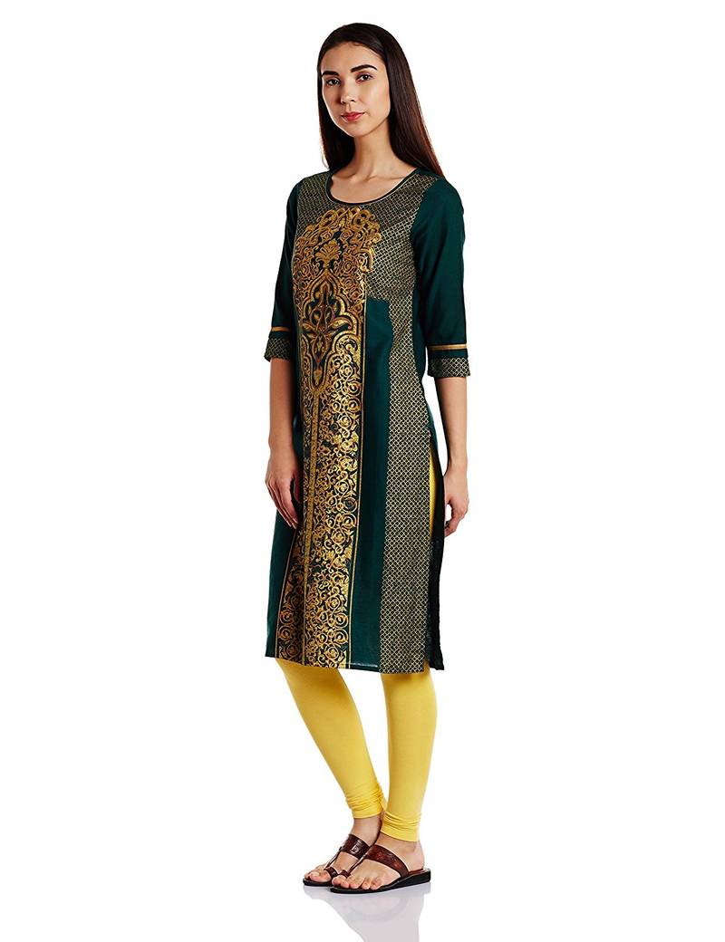 Aurelia Womens Green Straight Cotton Stitched Kurti
