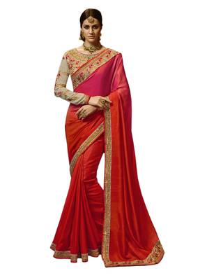 Red embroidered silk saree with blouse 1