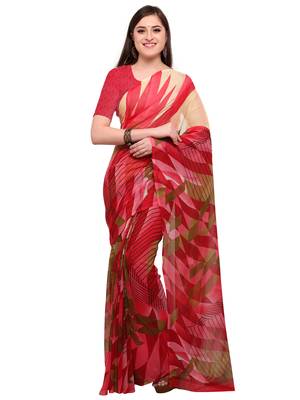 Red printed georgette saree with blouse 1