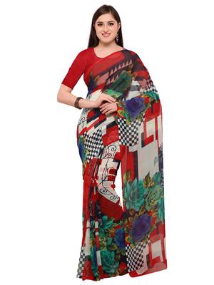 Red printed georgette saree with blouse 1