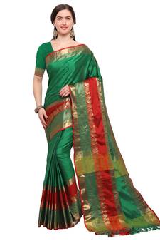 Green woven silk cotton saree with blouse