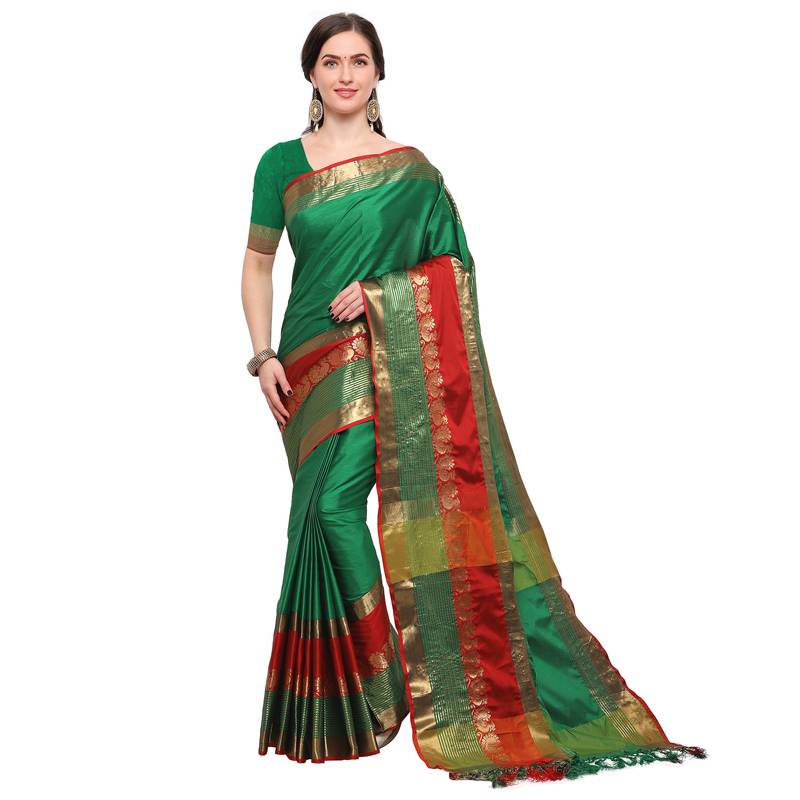 Green woven silk cotton saree with blouse