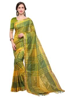 Yellow woven silk blend saree with blouse