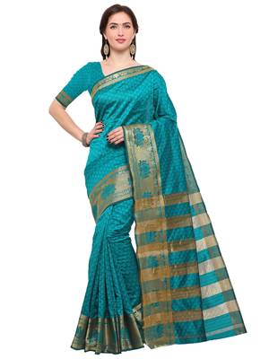 Turquoise woven silk blend saree with blouse 1