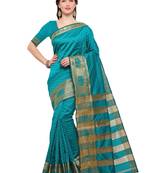 Turquoise woven silk blend saree with blouse