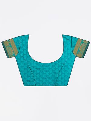 Turquoise woven silk blend saree with blouse 3