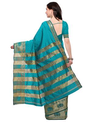 Turquoise woven silk blend saree with blouse 4