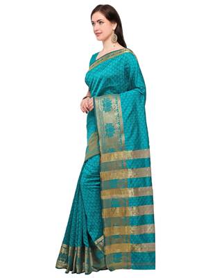 Turquoise woven silk blend saree with blouse 5
