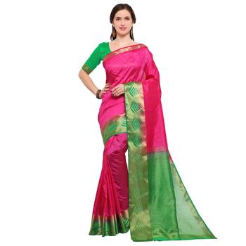 Pink woven tussar silk saree with blouse 1