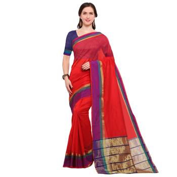 Red Woven silk blend Saree With Blouse 1