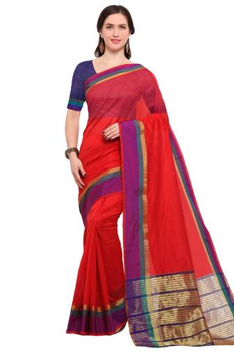 Red Woven Silk Blend Saree With Blouse