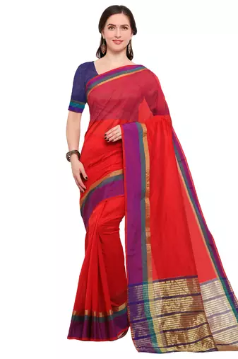 Red Woven Silk Blend Saree With Blouse