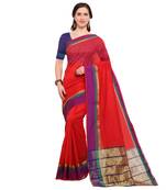 Red Woven Silk Blend Saree With Blouse