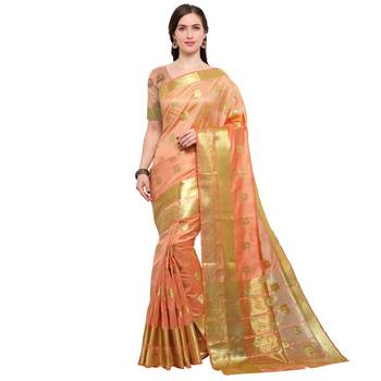 Peach woven silk blend saree with blouse 1
