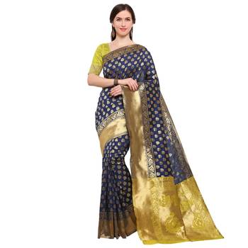 Navy Blue Woven Art Silk Saree With Blouse 1