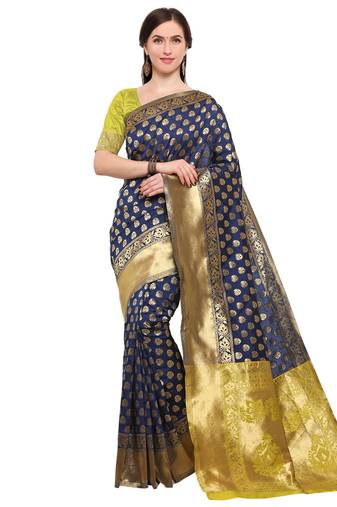 Navy Blue Woven Art Silk Saree With Blouse