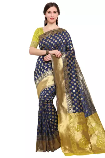 Navy Blue Woven Art Silk Saree With Blouse