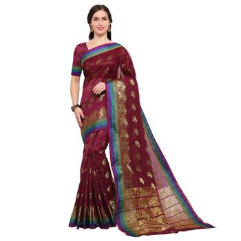 Wine woven silk blend saree with blouse 1