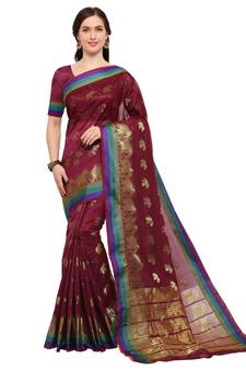 Wine woven silk blend saree with blouse