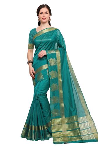 Turquoise Woven Silk Blend Saree With Blouse