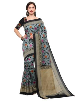 Grey printed bhagalpuri silk saree with blouse 1