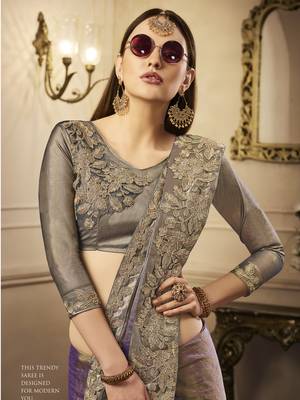Brown embroidered silk saree with blouse 3