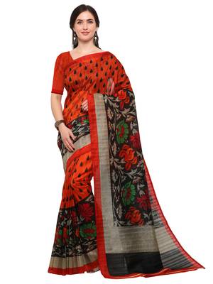 Orange printed bhagalpuri silk saree with blouse 1