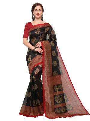 Black printed bhagalpuri silk blend saree with blouse 1