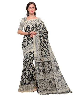 Cream printed bhagalpuri silk saree with blouse 1