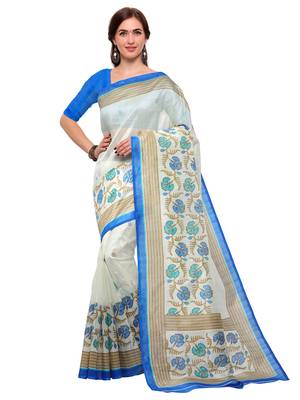 Off white printed bhagalpuri silk saree with blouse 1